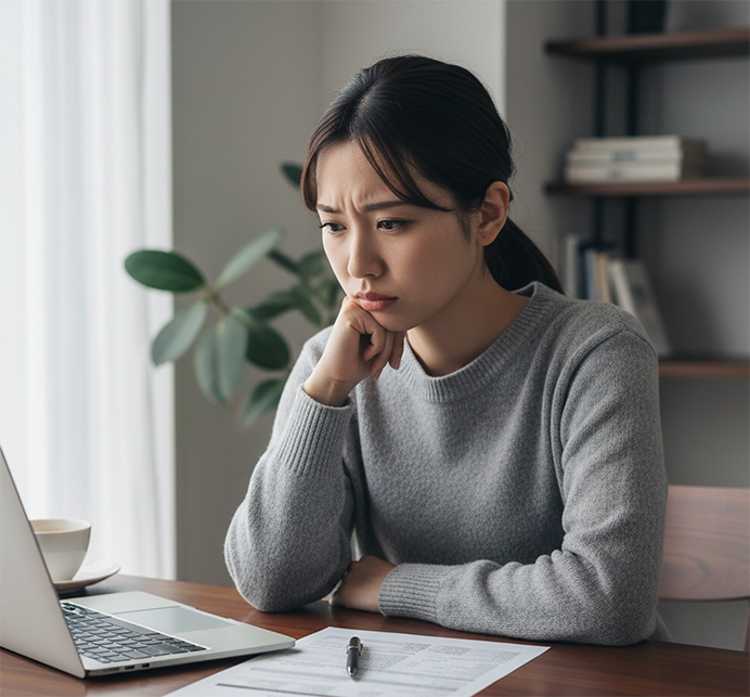 オークション出品に悩む女性